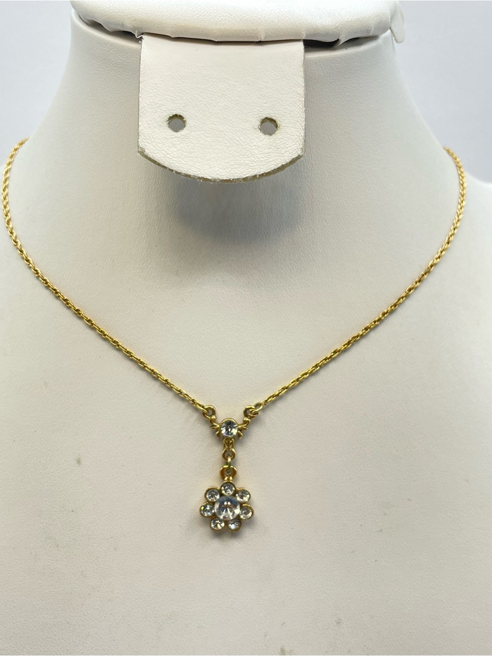 1928 Gold Tone Crystal Flower Pendant Necklace Vintage Style